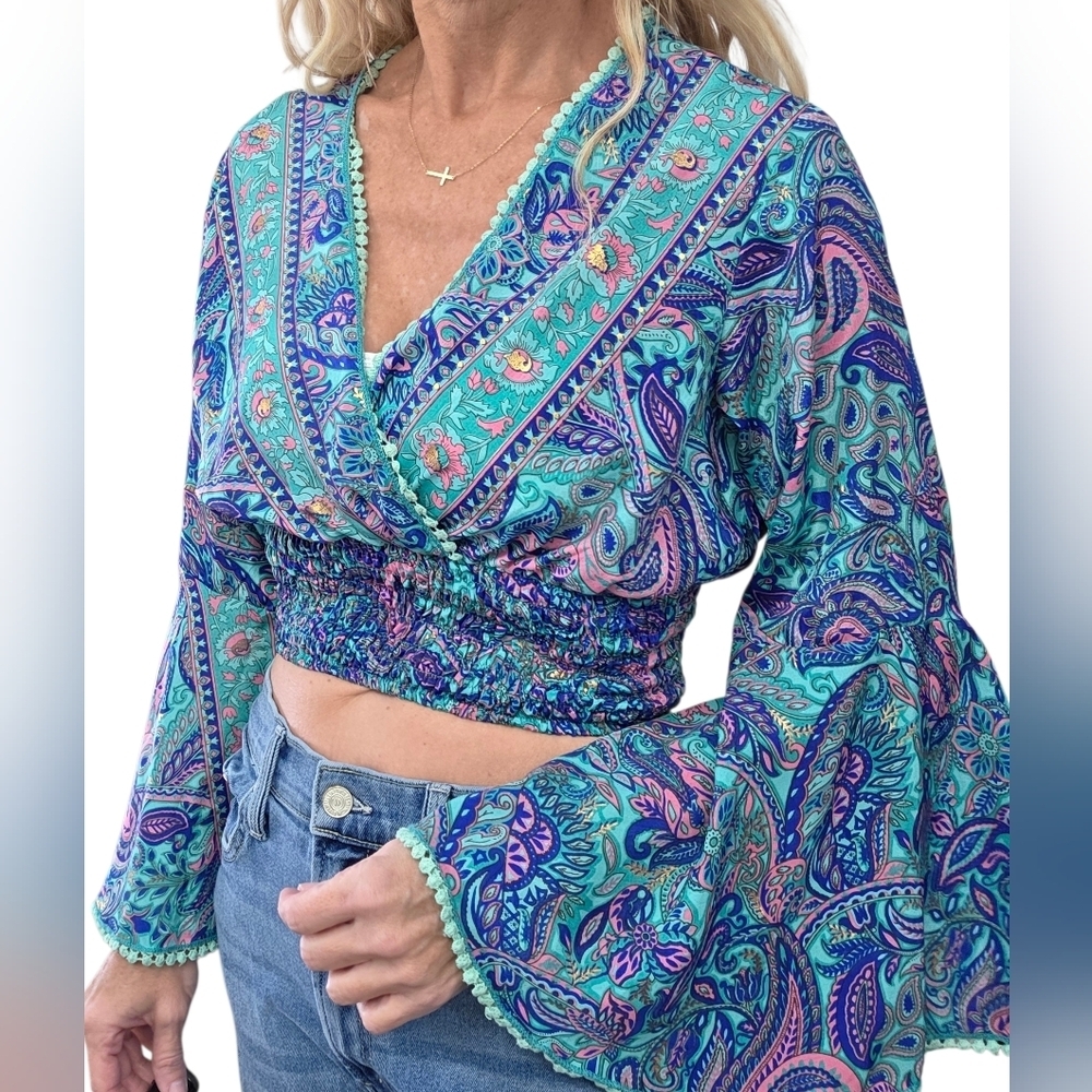 Boho Paisley Art Silk Smocked Crop Top Bell Sleeve Indie Y2K 70s Festival
